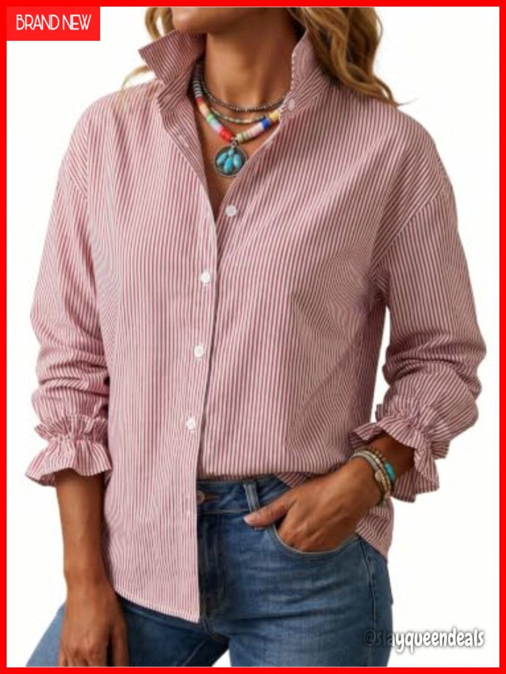 100% Cotton Striped Button Down Shirt Ruffle Cuff Blouse